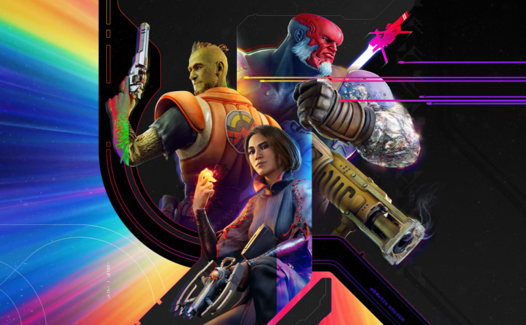 Trzy postacie z gry science fiction Concord, w tym humanoidalne stworzenie z bronią, kobieta trzymająca pistolet oraz muskularny wojownik z toporem świetlnym.
