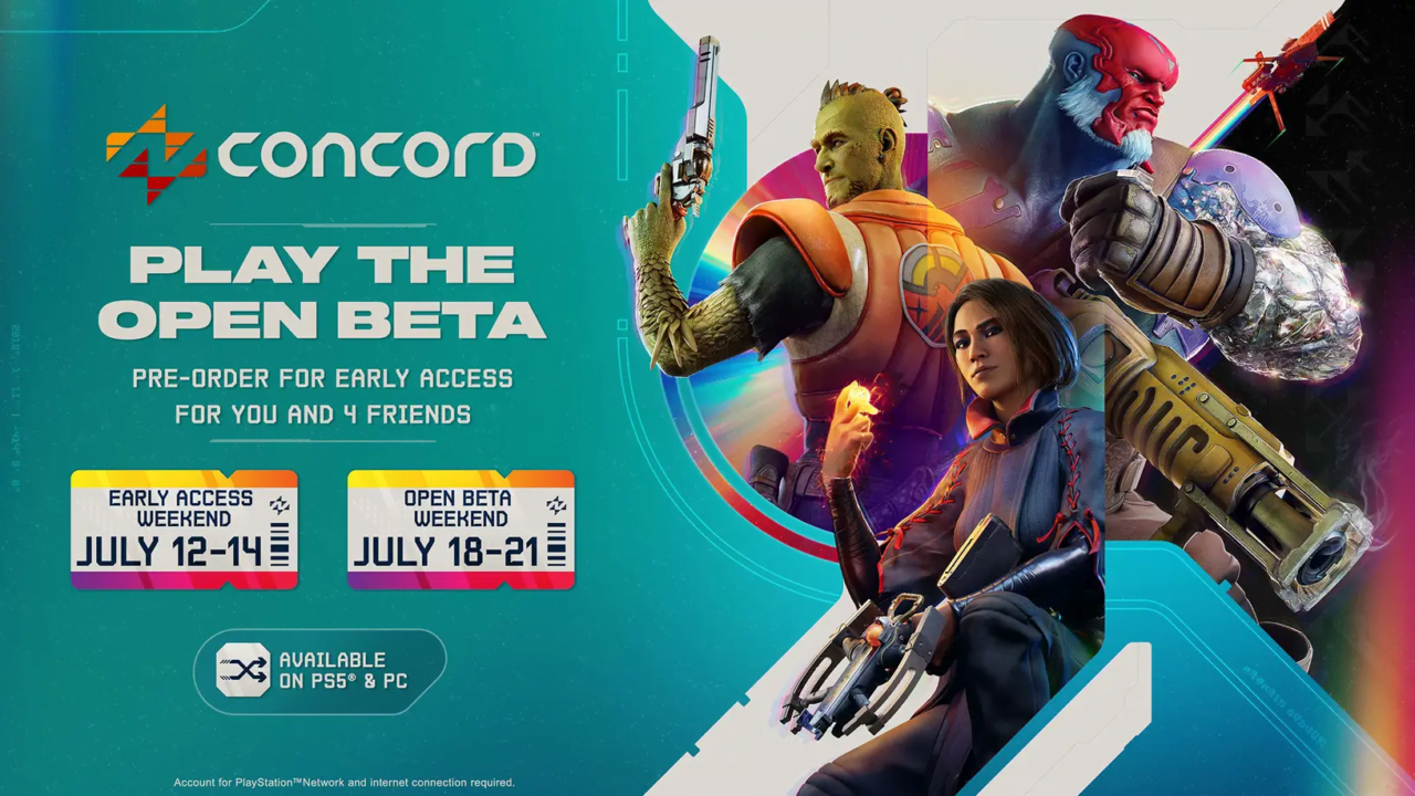 Promocyjny plakat gry „Concord” – otwarte testy beta. Wczesny dostęp: 12-14 lipca, otwarta beta: 18-21 lipca. Dostępna na PS5 i PC.
