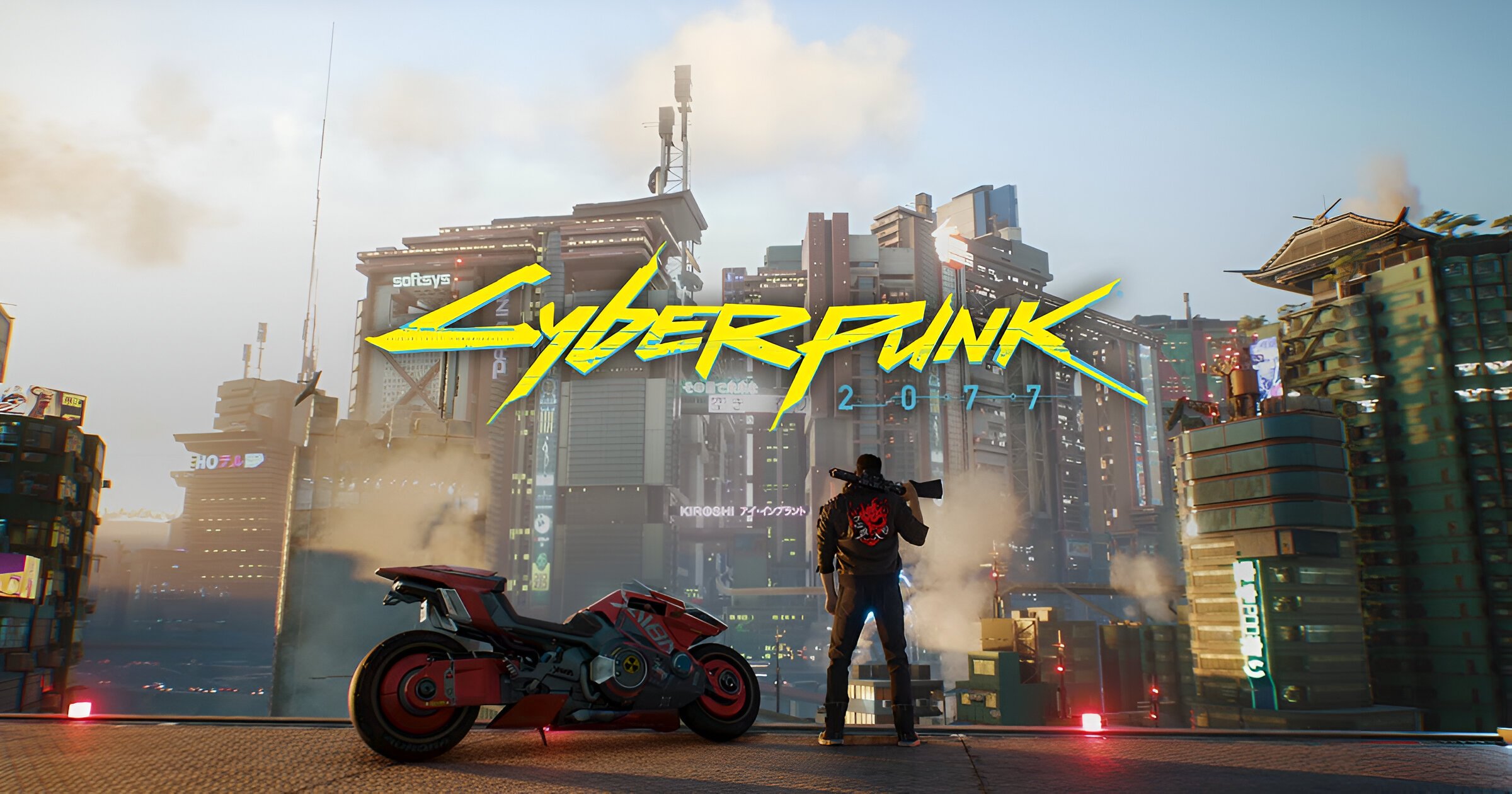 Okładka gry Cyberpunk Orion z mężczyzną stojącym obok futurystycznego motocykla na tle miasta pełnego neonów.