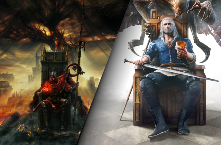 Postać w czerwonym płaszczu siedzi na tronie w mrocznej scenerii z pożarami w tle obok postaci z gry Wiedźmin 3 w niebieskiej koszuli trzymającej kielich i miecz, za którą stoi potwór.