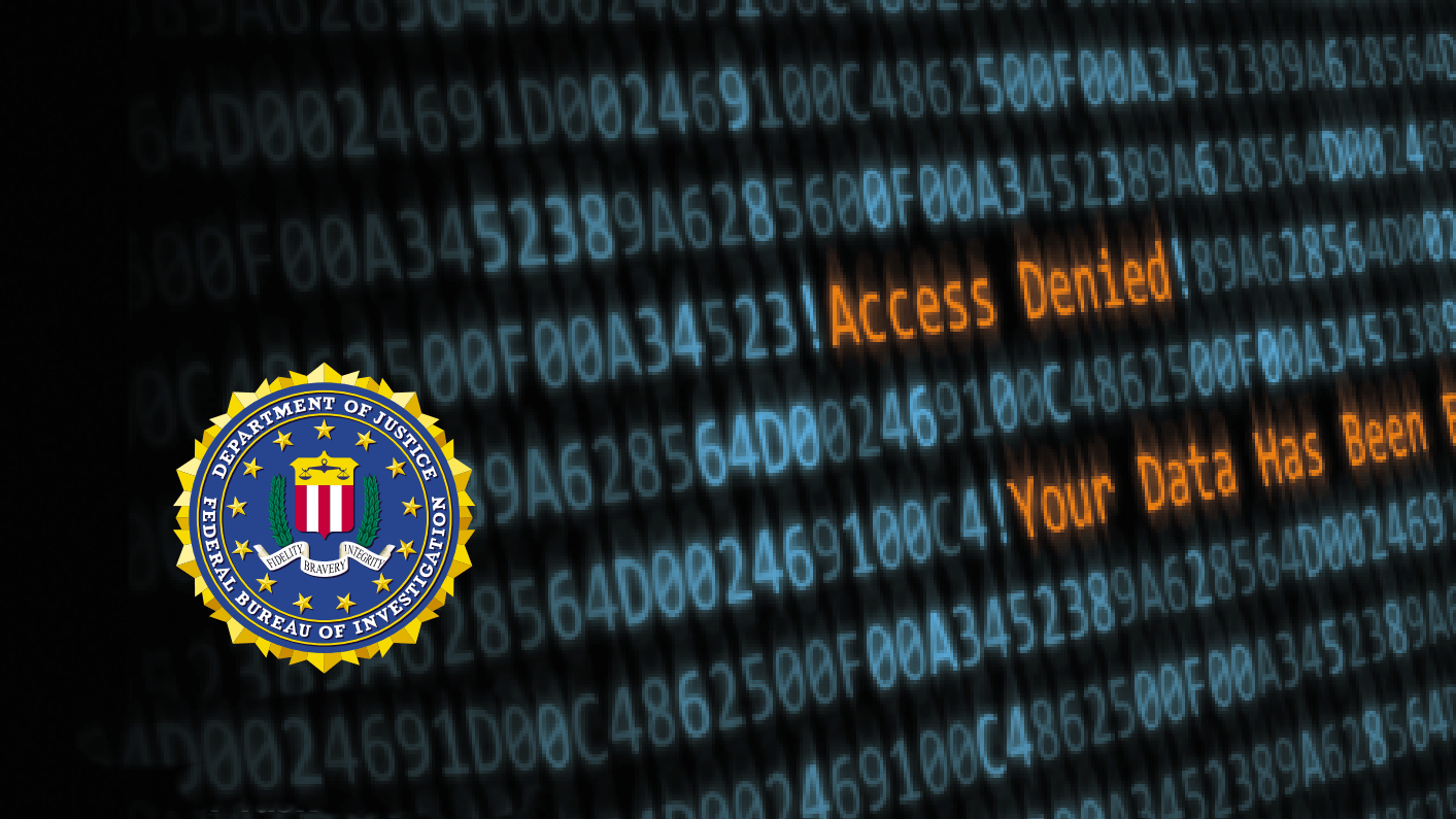 Ekran komputerowy z tekstem "Access Denied", herb FBI po lewej stronie.