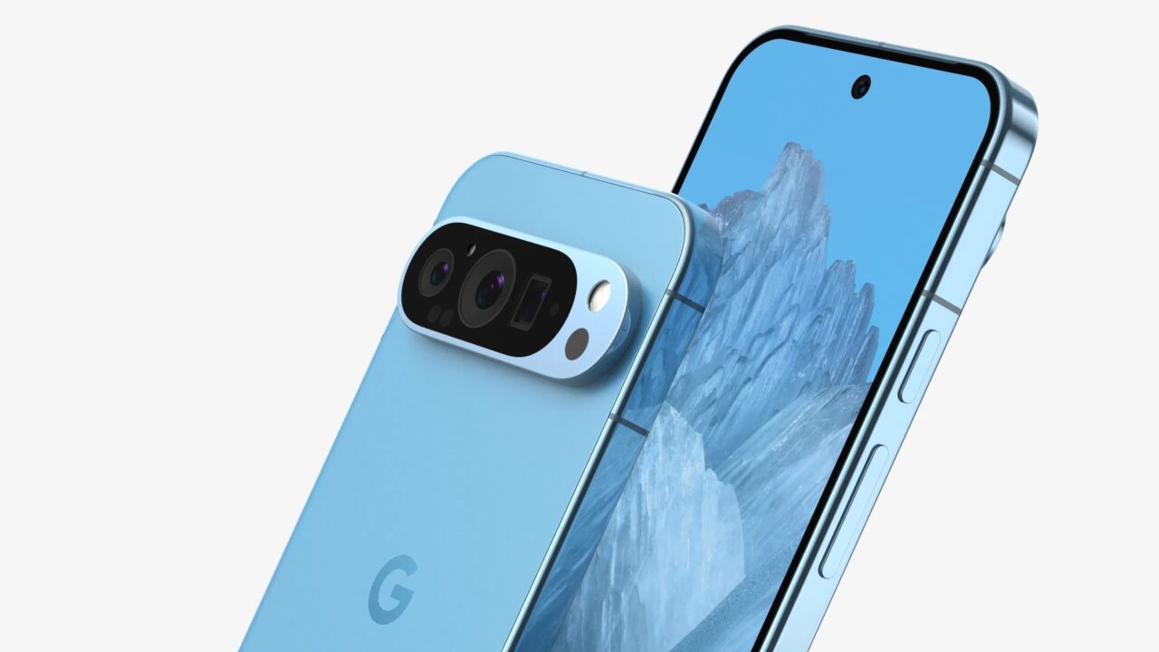 Niebieski smartfon z aparatem tylnym z trzema obiektywami i ekranem z obrazem gór.