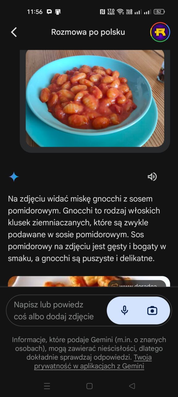 Miska gnocchi z sosem pomidorowym w Google Gemini.