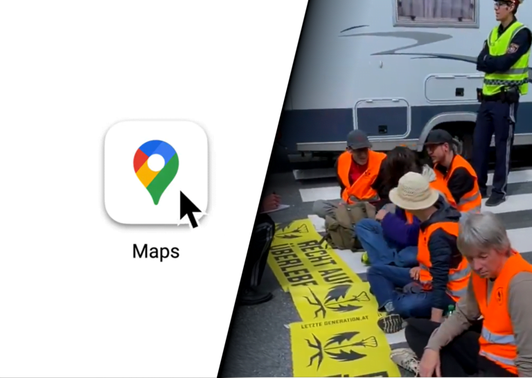 Logo aplikacji Google Maps po lewej stronie, grupa protestujących w pomarańczowych kamizelkach siedząca na ulicy po prawej stronie z żółtym banerem "Recht auf überleben" i "Letzte Generation".