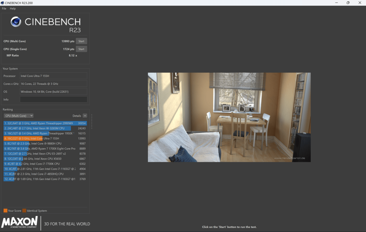 CINEBENCH R23 wynik testu wydajności procesora z wizualizacją pokoju.