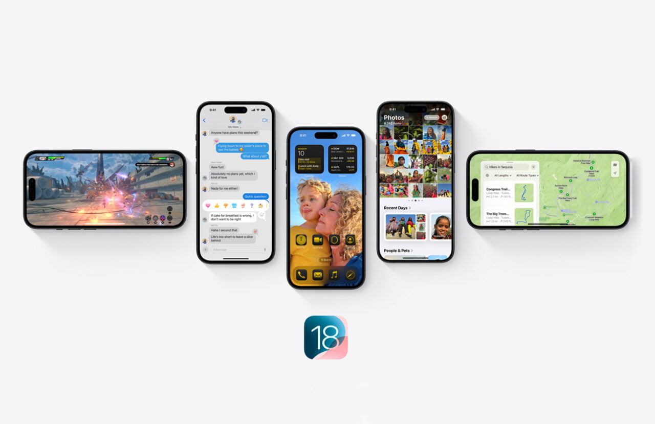 Pięć telefonów pokazujących różne aplikacje, logo iOS 18 poniżej.