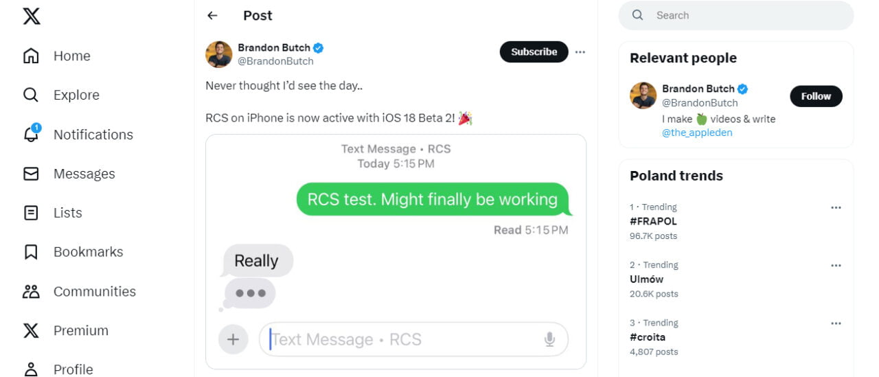 iPhone z obsługą RCS - Wpis na Twitterze, gdzie użytkownik dzieli się wiadomością o aktywacji RCS na iPhonie z iOS 18 Beta 2, dołączając zrzut ekranu z rozmową tekstową.