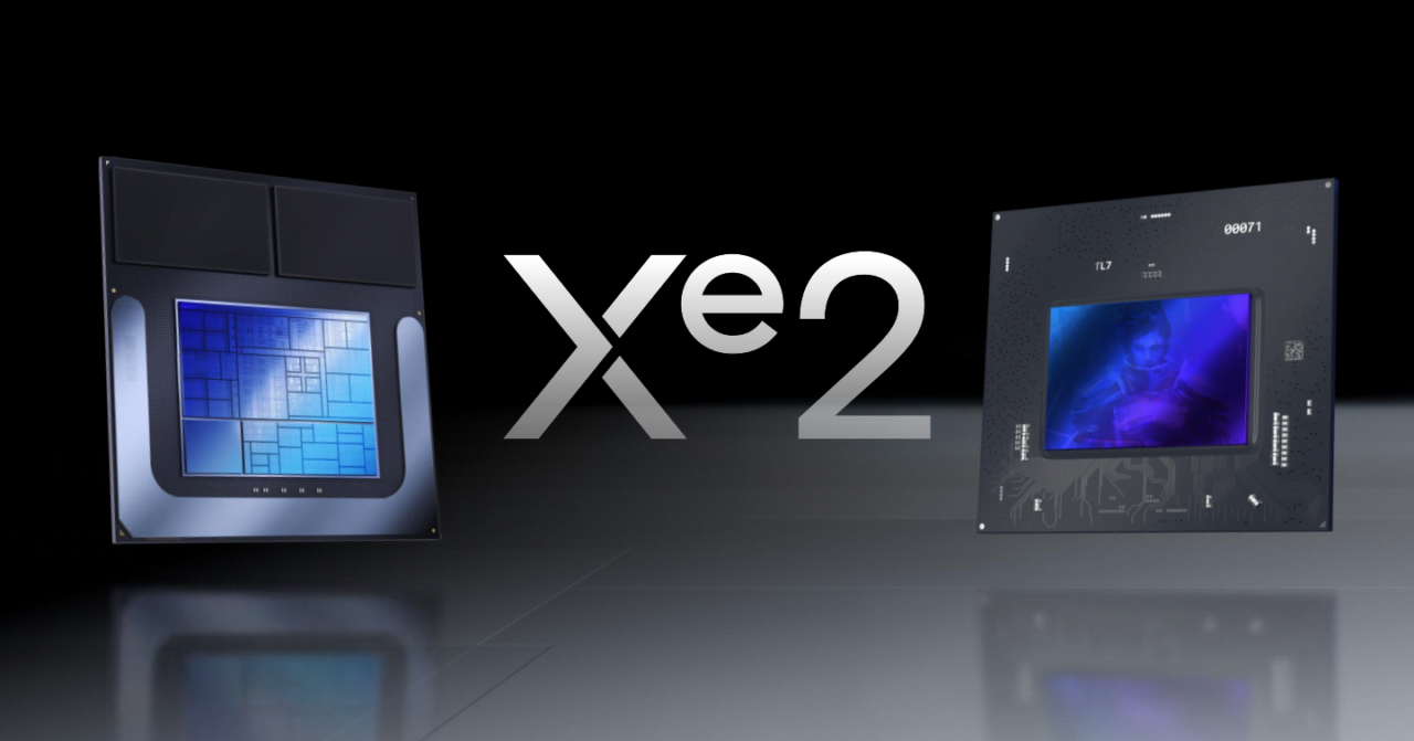 Dwa mikroprocesory po lewej i prawej stronie z logo Xe2 pośrodku.