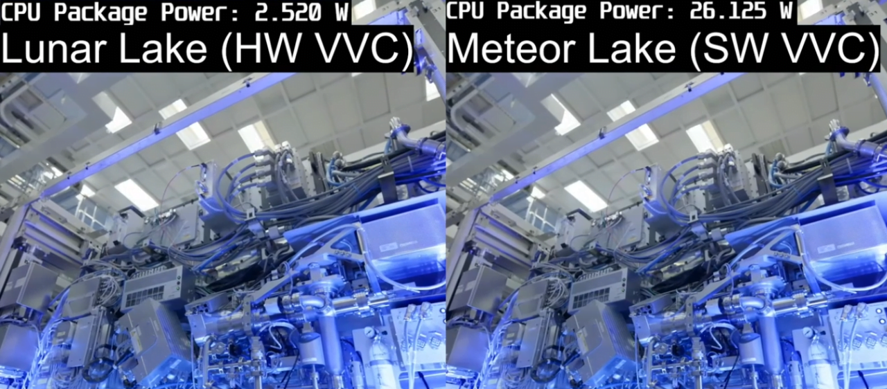 Porównanie mocy pakietu procesora: Lunar Lake (HW VVC) 2.520 W i Meteor Lake (SW VVC) 26.125 W, zdjęcie zaawansowanych urządzeń technologicznych.