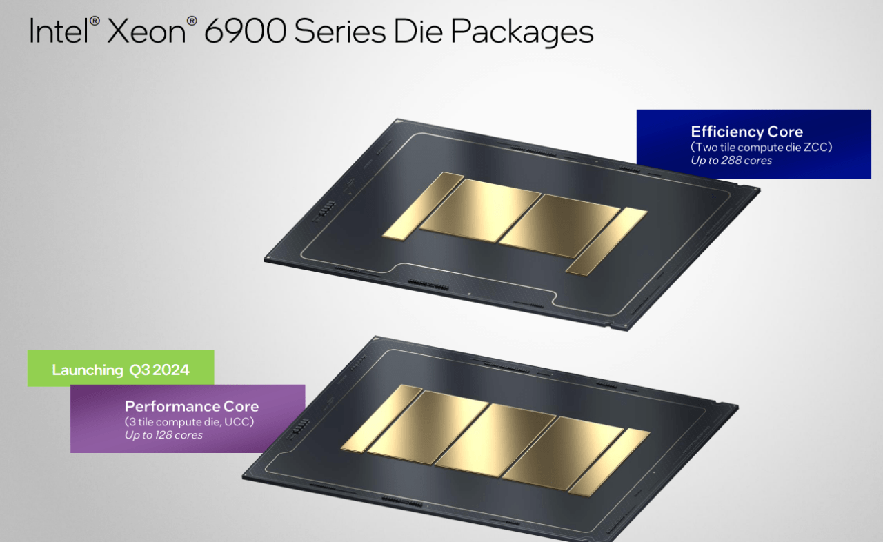 Intel Xeon 6900 Series Die Packages z rdzeniami Efficiency Core i Performance Core, premiera Q3 2024.