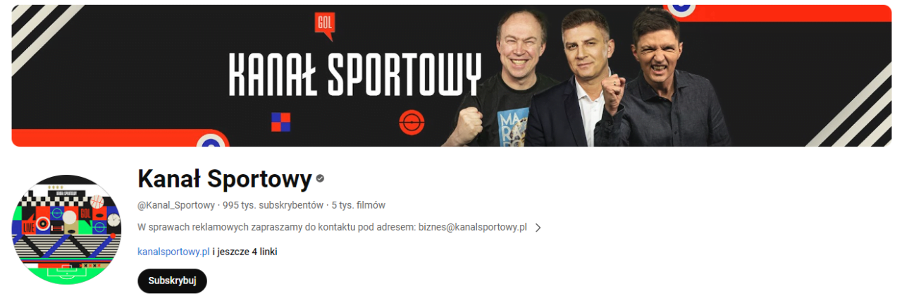 Kanał Sportowy - baner w tle z trzema uśmiechniętymi mężczyznami oraz zdjęcie profilowe z kolorowymi grafikami i napisem "Subskrybuj"