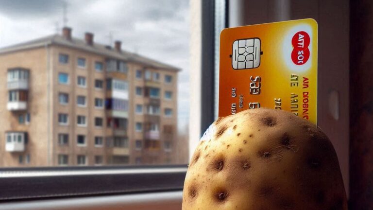 Karta SIM włożona w ziemniaka na tle budynku mieszkalnego.
