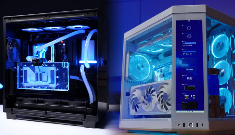 Dwa komputery PC z podświetleniem RGB i systemem chłodzenia wodnego.