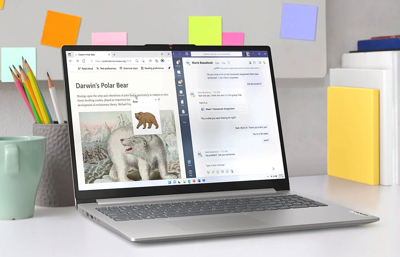 Laptop na biurku z otwartymi dwoma oknami: jedna z artykułem "Darwin’s Polar Bear", druga z aplikacją do komunikacji. Obok laptopa stoją kubek, pojemnik z kolorowymi ołówkami oraz kolorowe notatki na ścianie.