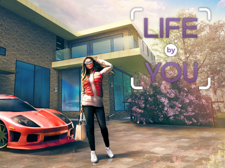 Gra Life by You. Kobieta w okularach przeciwsłonecznych i czerwonej kamizelce, stojąca obok czerwonego sportowego samochodu przed nowoczesnym domem; tekst "LIFE by YOU".