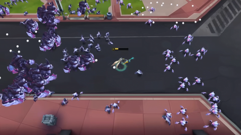 Postać z mieczem walczy z tłumem potworów na ulicy w grze wideo. To nowy tryb w League of Legends