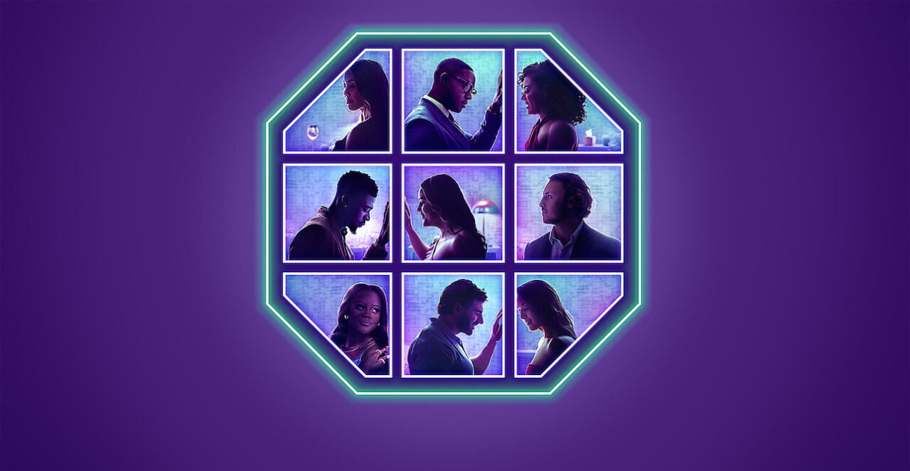 Reality show na Netflix Love is Blind. Siatka z dziewięcioma zdjęciami przedstawiająca pary wpatrujące się w siebie, na fioletowym tle.