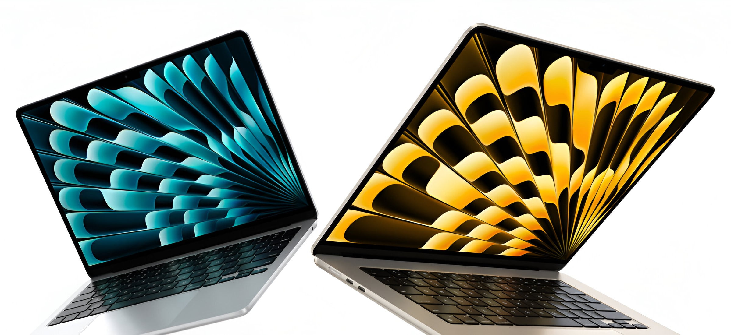 Dwa laptopy MacBook Air z wyświetlonymi kolorowymi wzorami na ekranach (niebieski z lewej, żółty z prawej).