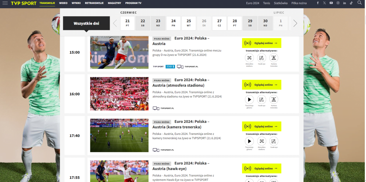 Strona internetowa TVP Sport z programem transmisji meczów Euro 2024 i alternatywnymi opcjami oglądania.