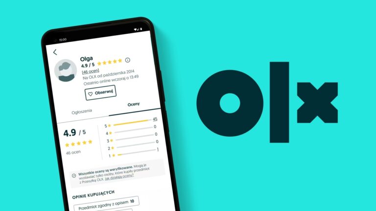 Aplikacja OLX na smartfonie wyświetlająca profil użytkownika o imieniu Olga, z oceną 4,9/5 gwiazdek na podstawie 46 ocen, obok logo OLX.