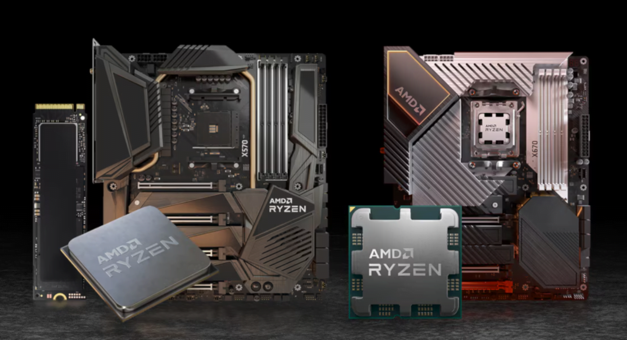 Procesory AMD Ryzen, płyty główne X570 i X670 oraz dysk M.2 na czarnym tle.