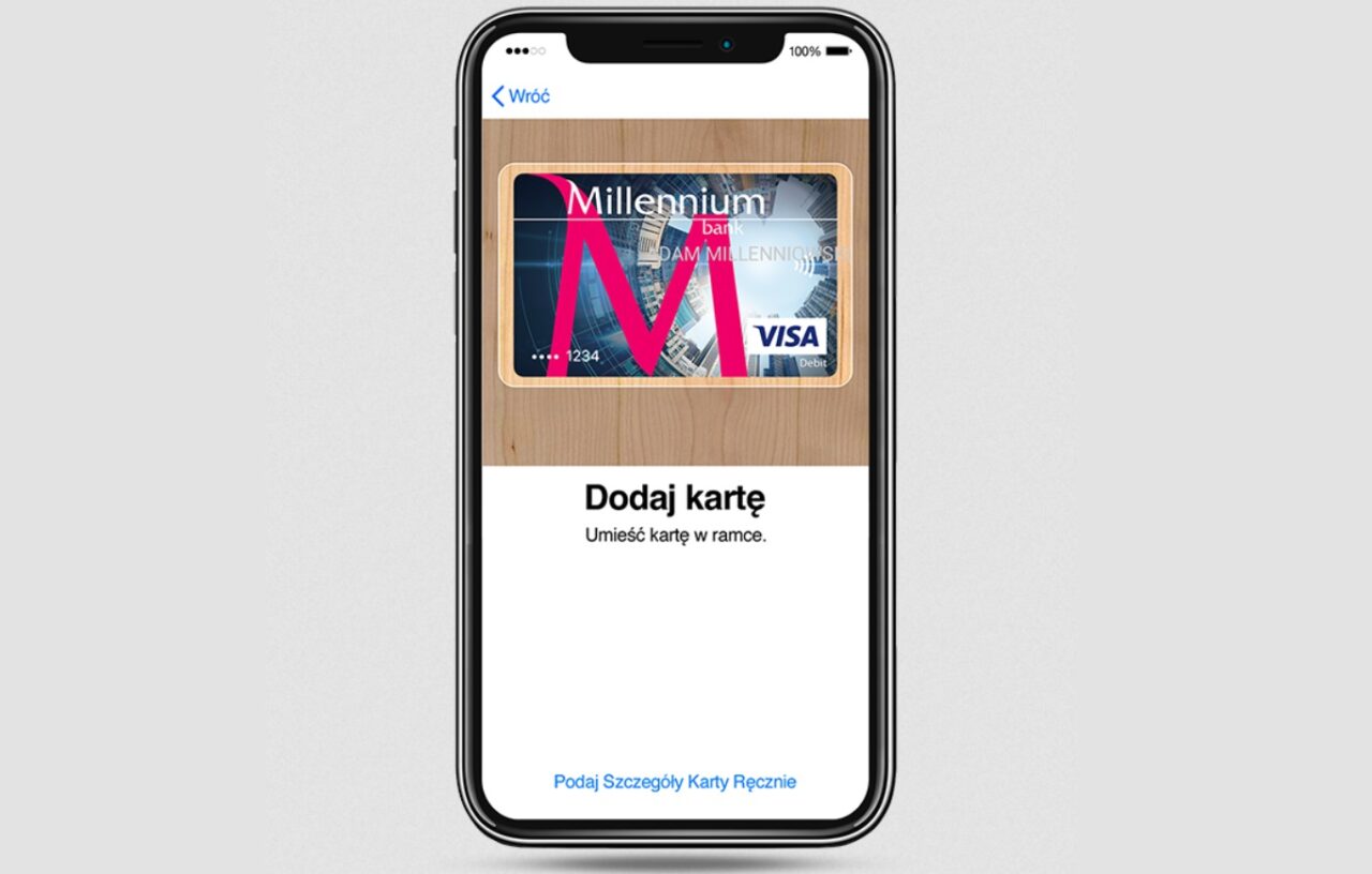 Ekran smartfona z aplikacją do dodawania karty płatniczej banku Millennium.