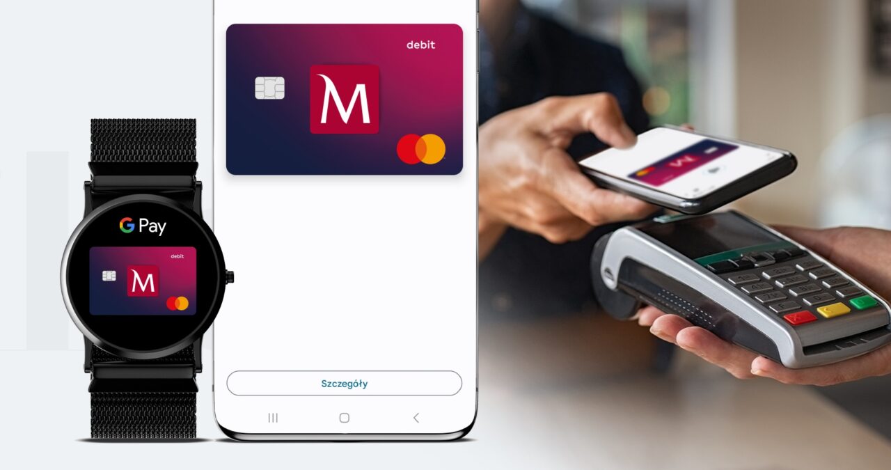 Osoba płacąca zbliżeniowo telefonem przez terminal, ekran zegarka i smartfona z kartą płatniczą w aplikacji Google Pay.