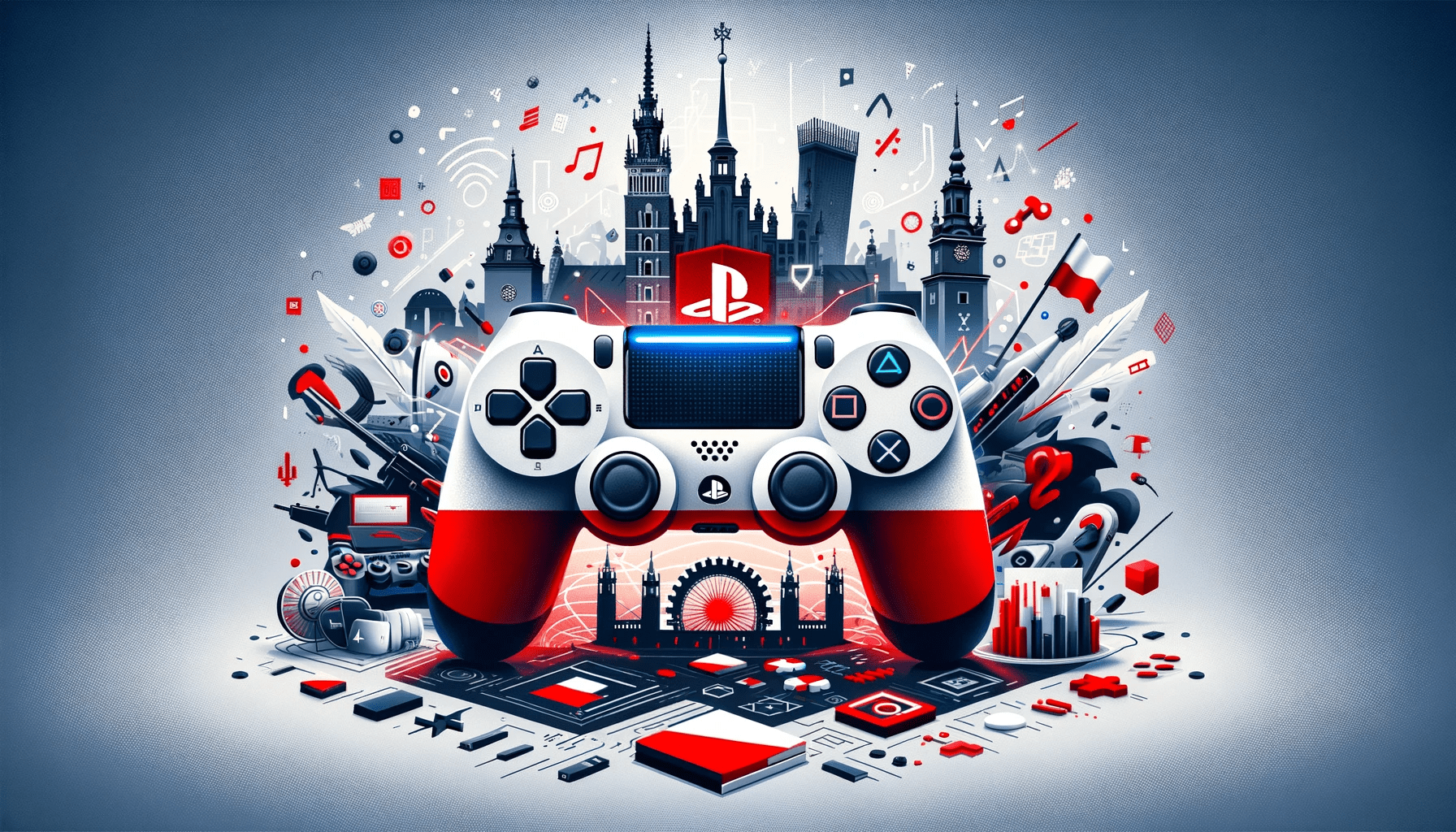 Kontroler PlayStation z motywami Warszawy i polskimi symbolami w tle. Motyw PlayStation Store w Polsce. Polskie ceny gier na platformie są zbyt wysokie.