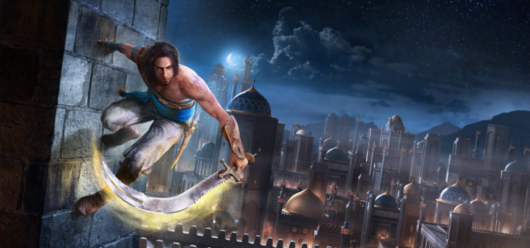 Książę Persji wspinający się na mur, z uniesionym mieczem, w tle widok na miasto o zmroku. Gra została ponownie zapowiedziana na Ubisoft Forward