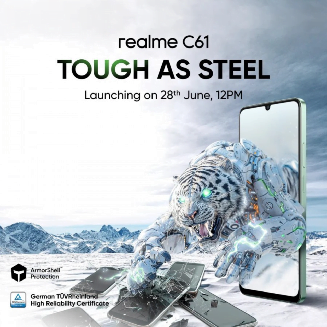 Reklama smartfona realme C61 z tekstem "TOUGH AS STEEL" i obrazem cybernetycznego tygrysa przechodzącego przez ekran telefonu, łamiącego inne telefony.