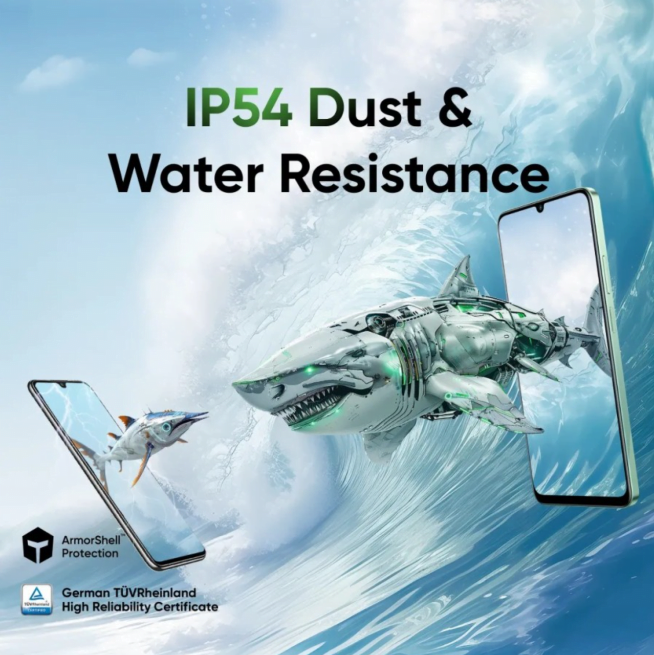 Reklama telefonu z mechanizmem rekinów i rybami, z napisem „IP54 Dust & Water Resistance” oraz „ArmorShell Protection” i „German TÜVRheinland High Reliability Certificate”.