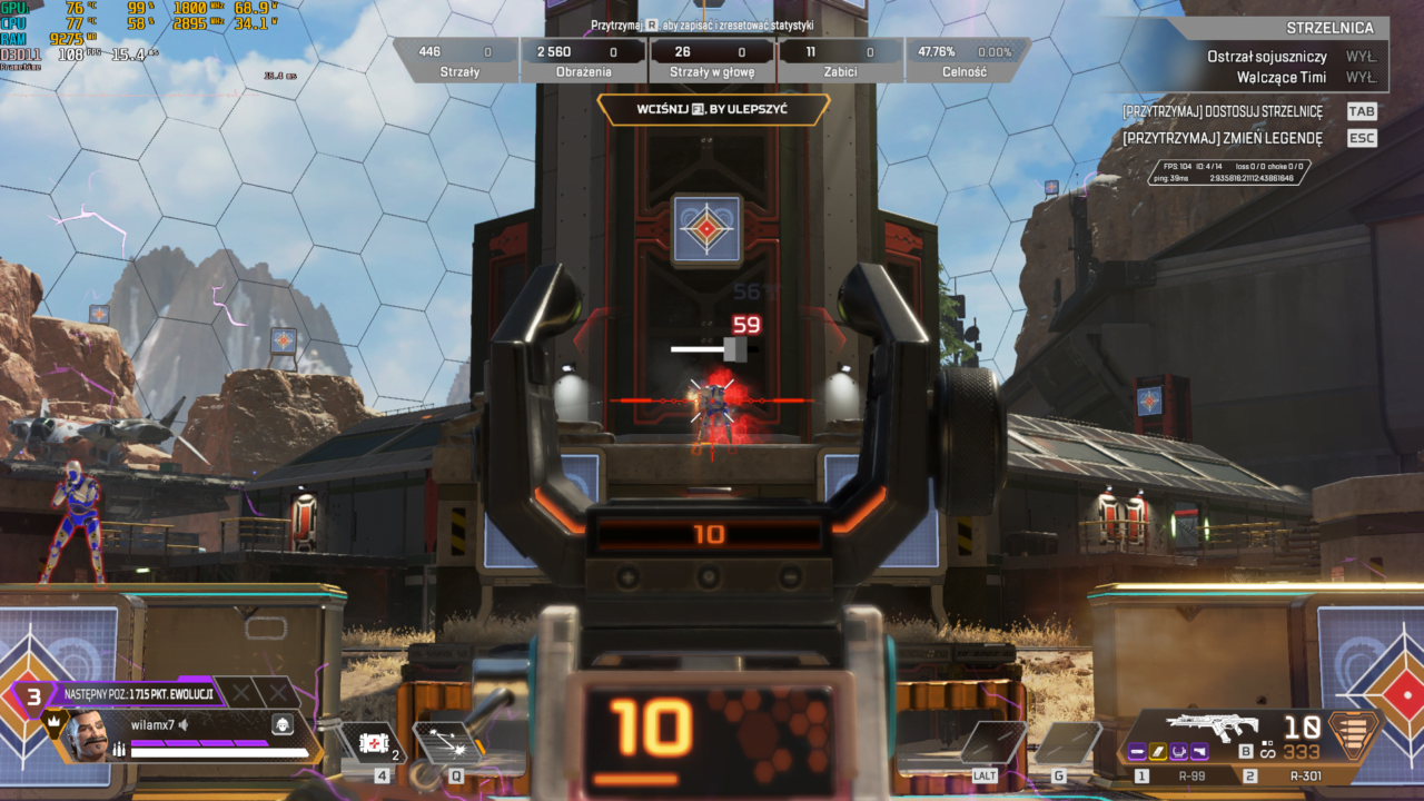 Celownik celujący w tarczę strzelecką z liczbą punktów 59 w grze komputerowej Apex Legends, widoczny interfejs gry i statystyki.