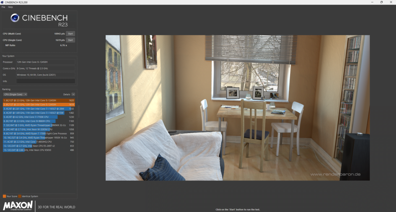 Zrzut ekranu z programu CINEBENCH R23 pokazujący wyniki testu wydajności procesora oraz renderowaną scenę wnętrza pokoju z biurkiem, krzesłami, sofą i półką na książki.