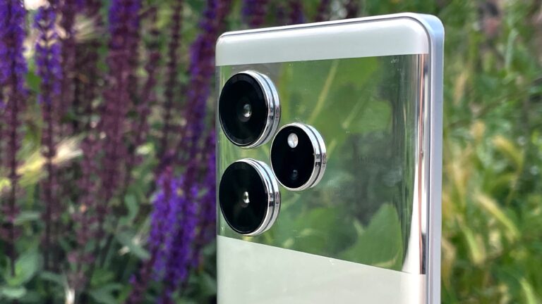 Zbliżenie tylnej części smartfona z trzema obiektywami aparatu, na tle fioletowych kwiatów.