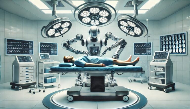 Sala operacyjna z robotem chirurgicznym wykonującym operację na pacjencie leżącym na stole operacyjnym.