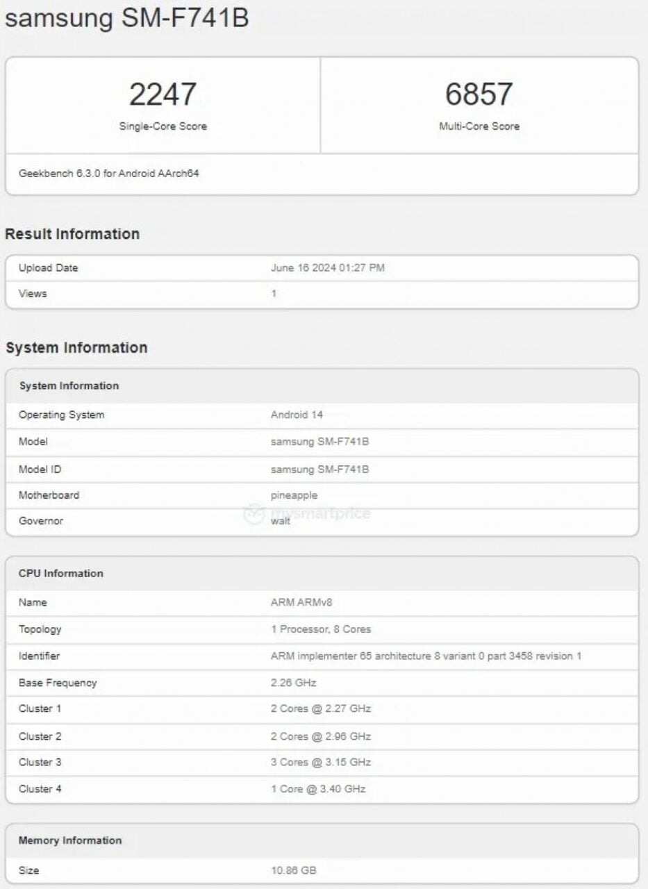 Samsung SM-F741B wyniki testu Geekbench z 2247 punktami Single-Core i 6857 punktami Multi-Core, wersja Android 14, procesor ARM ARMv8, 8 rdzeni, pamięć 10,88 GB.