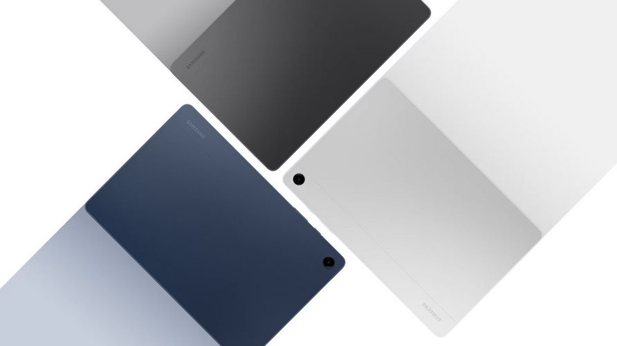 Trzy tablety Samsung Galaxy Tab A9 w kolorach czarnym, szarym i granatowym.