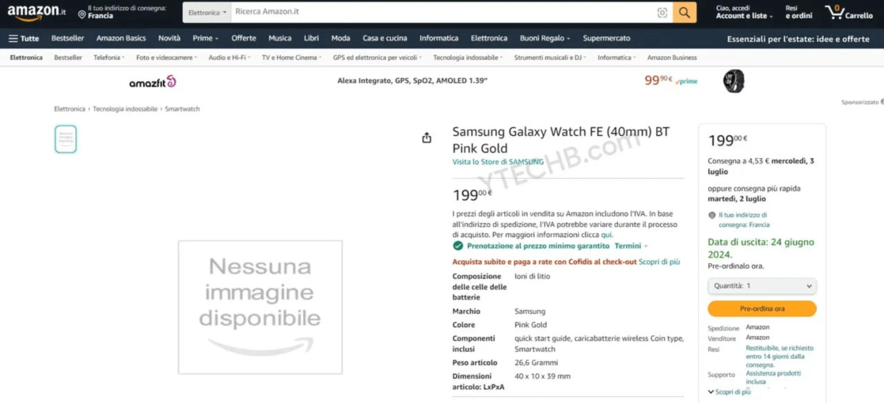 Strona produktu Samsung Galaxy Watch FE (40mm) BT Pink Gold na Amazon.it bez dostępnego zdjęcia produktu. Cena: 199,00 €.