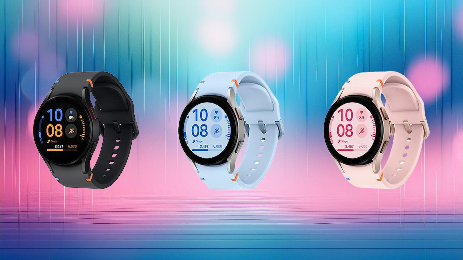 Trzy inteligentne zegarki z różnymi kolorami pasków (czarny, niebieski, różowy) na kolorowym tle.