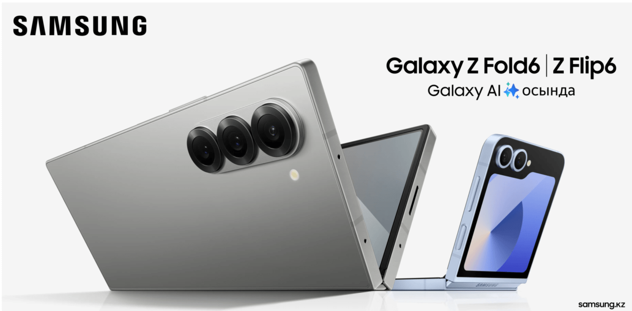 Samsung Galaxy Z Fold6 i Z Flip6, widok z boku i przodu.