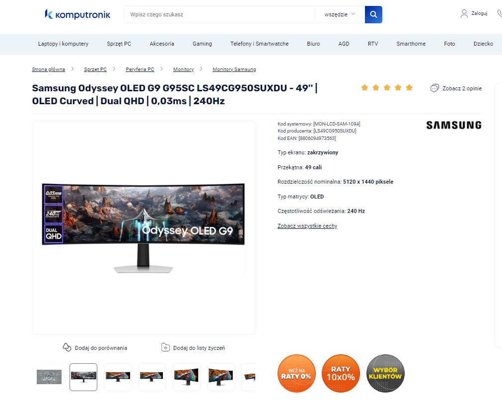 Samsung Odyssey OLED G9 G95SC LS49CG950SUXDU - 49", OLED zakrzywiony, Dual QHD, 0,03 ms, 240 Hz. Monitor do gier.