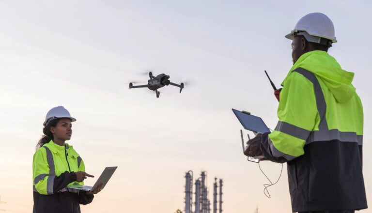 Dwóch pracowników w kaskach i kurtkach odblaskowych obsługuje drona za pomocą laptopa i kontrolera, na tle fabryki.