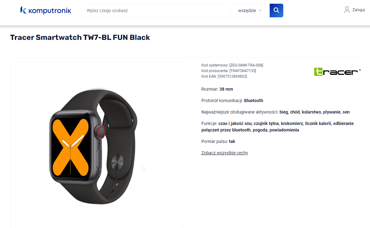 Tani smartwatch
Tracer Smartwatch TW7-BL FUN Black z czarnym paskiem i prostokątnym wyświetlaczem. Opis funkcji i specyfikacji po prawej stronie.