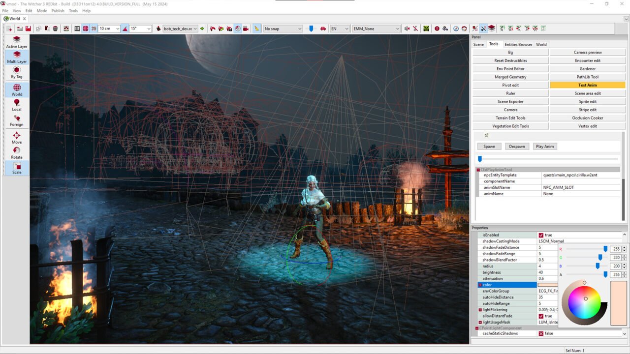 Interfejs programu REDkit do edycji gry Wiedźmin 3: Dziki Gon, z zaznaczonymi liniami siatki i ustawieniami postaci w nocy.