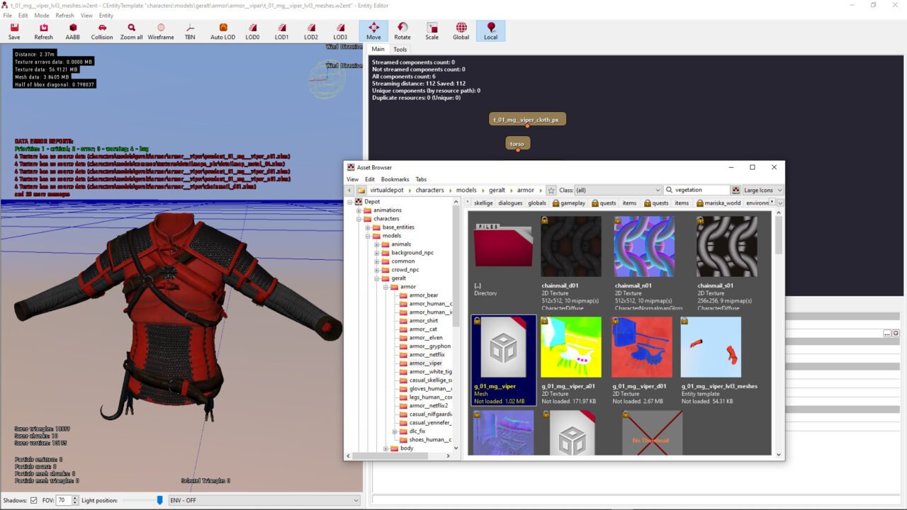Interfejs programu REDkit do tworzenia i edycji modeli 3D w Wiedźmin 3: Dziki gon z otwartym modelem zbroi, przeglądarką zasobów oraz raportem błędów.