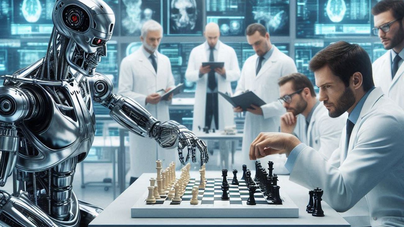 Robot grający w szachy z mężczyzną w laboratorium, otoczeni przez naukowców ubranych w białe fartuchy.