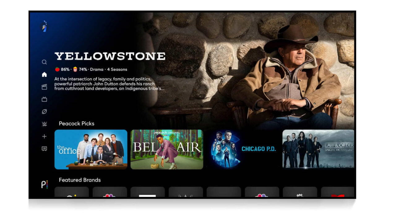 Interfejs użytkownika Peacock z serialem "Yellowstone" na ekranie głównym oraz zaznaczonymi innymi polecanymi serialami, takimi jak "The Office", "Bel-Air", "Chicago P.D." i "Law & Order: Special Victims Unit".