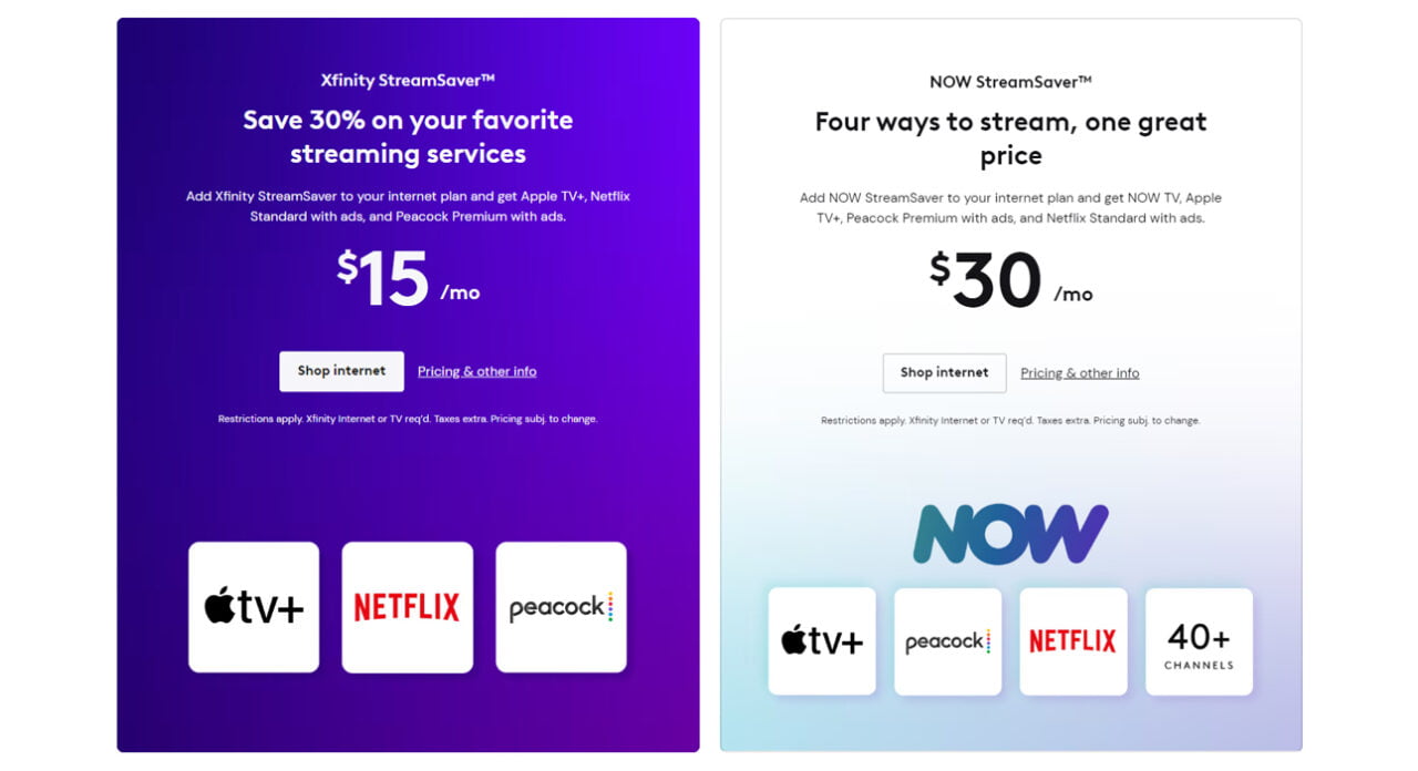 Tani pakiet Netflixa w ofercie Comcast. Dwa plany streamingowe Xfinity StreamSaver i NOW StreamSaver z logotypami Apple TV+, Netflix i Peacock oraz przyciskami "Shop internet" i "Pricing & other info".