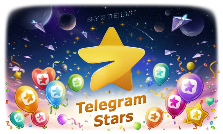 Logo Telegram Stars na tle kosmosu z balonami i konfetti w różnych kolorach.