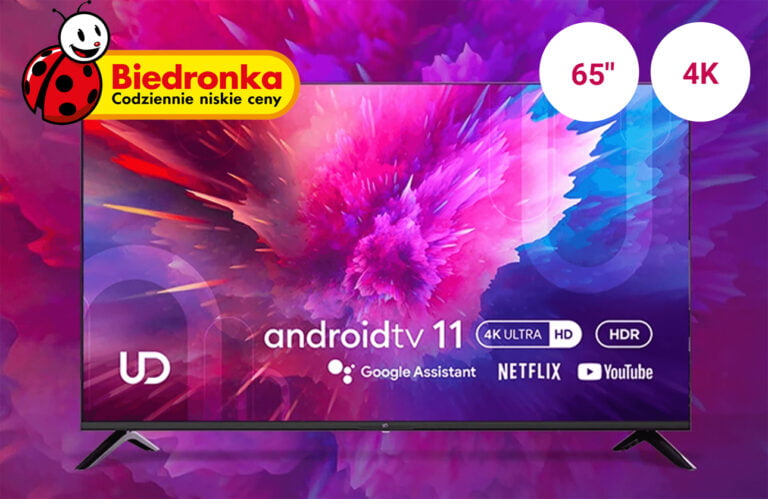 Telewizor 65" 4K z Android TV 11, Google Assistant, Netflix, YouTube, HDR, logo Biedronka.